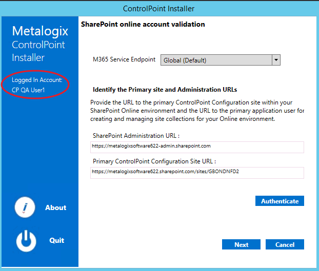 CP Online Install VALIDATE ACCOUNT