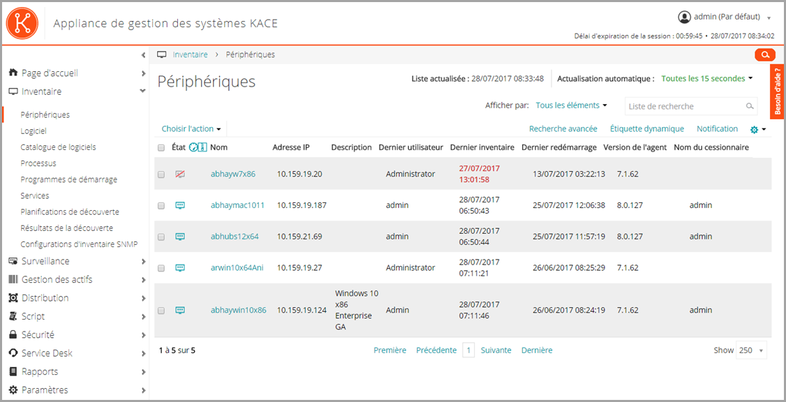 Cet exemple de page présentée sous forme de liste affiche la page Périphériques sous forme de liste, sur laquelle figure l'état, les adresses IP et d'autres informations sur les périphériques.