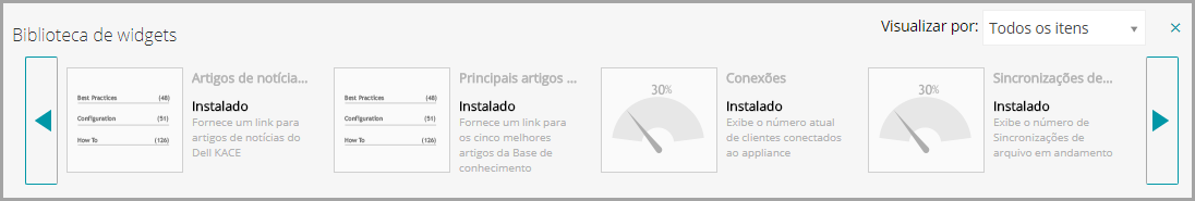 A imagem da Biblioteca de widgets apresenta quatro widgets, demonstrando como o widget pode aparecer na biblioteca marcado como “Instalado” ou, se não estiver instalado, aparecerá associado a um botão Instalar.