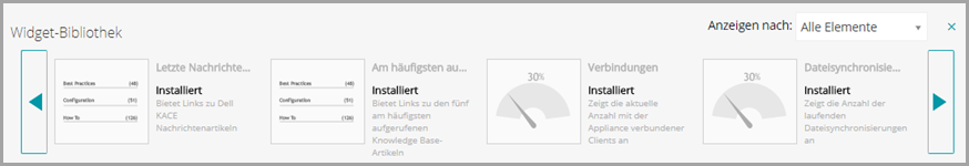 Die Abbildung der Widget-Bibliothek enthält vier Widgets. Hier sehen Sie, wie das Widget in der Bibliothek dargestellt werden kann: Es ist entweder als "Installiert" gekennzeichnet oder für das Widget wird die Schaltfläche "Installieren" angezeigt, sofern es noch nicht installiert wurde.