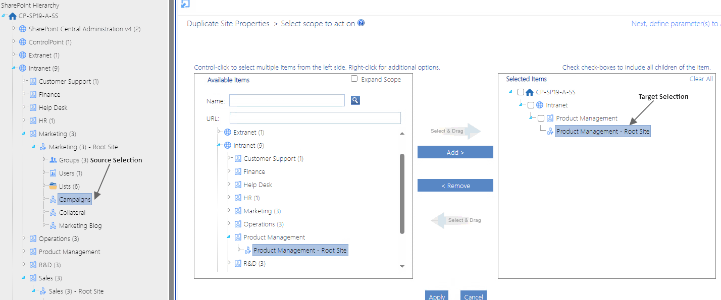 Duplicate Site  Properties TARGET SELECTION.