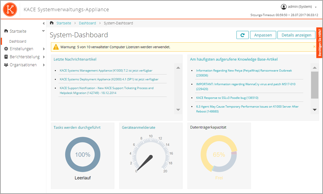 Auf dieser Abbildung des Dashboards sehen Sie die Widgets für die Datenträgerkapazität und ausgeführte Aufgaben.