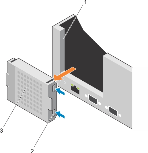 La ilustración muestra cómo extraer el panel protector del soporte vertical 1.