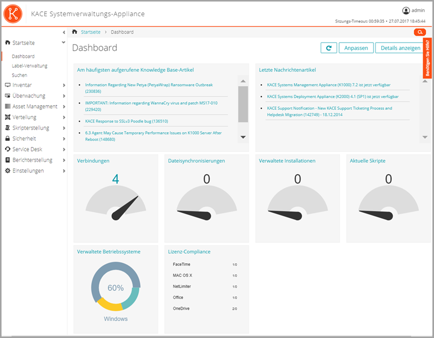 In dieser Abbildung des Dashboards sehen Sie u. a. die Widgets „Verbindungen“ und „Provisionierung“.