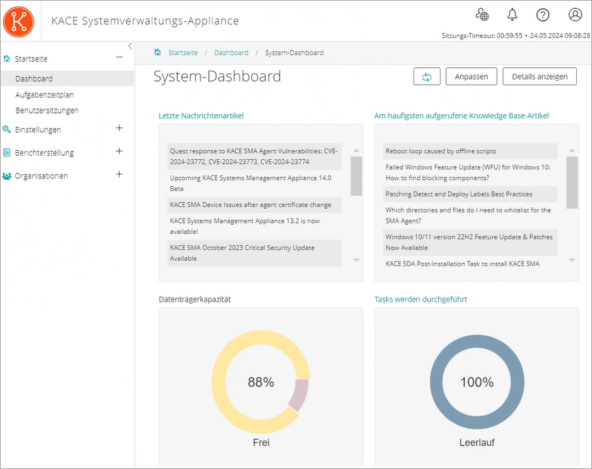 In der Abbildung der Seite Systemübersicht sehen Sie Widgets für Datenträgerkapazität, ausgeführte Aufgaben und aktuelle Nachrichtenartikel.""