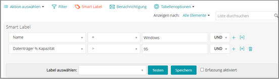 Der Bereich Smart Label enthält verschiedene Dropdown-Listen, mit deren Hilfe Sie Kriterien festlegen können.""