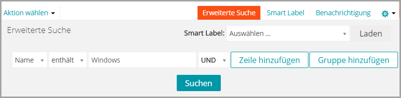 Der Bereich „Erweiterte Suche“ enthält verschiedene Dropdown-Listen, mit deren Hilfe Sie Kriterien festlegen können.
