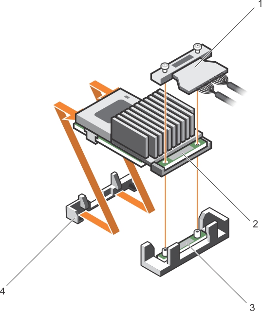 La ilustración muestra la extracción de la tarjeta controladora de almacenamiento integrada.