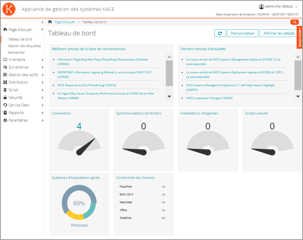 Cette image du tableau de bord affiche, entre autres, les widgets des connexions et du provisioning.