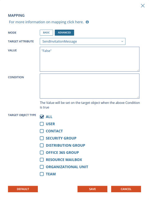 Figure 4: Example of Advanced Mapping used to prevent Guest Invitations from being sent