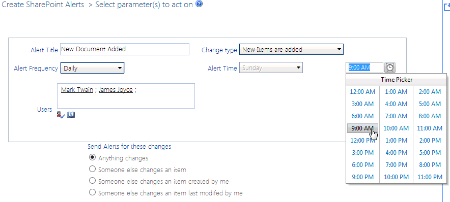 Set SharePoint Alerts PARAMETERS