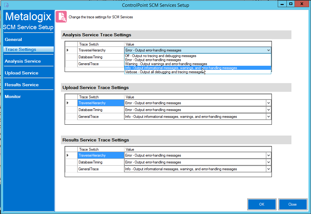 SCM Services Setup Trace Settings