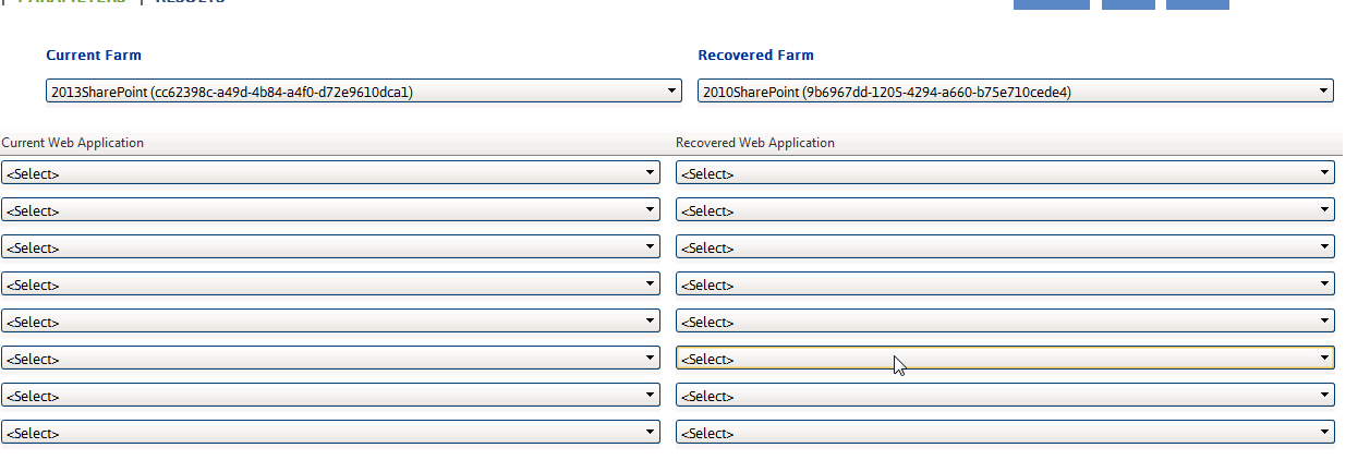 CP DB Recovery WAP drop-downs