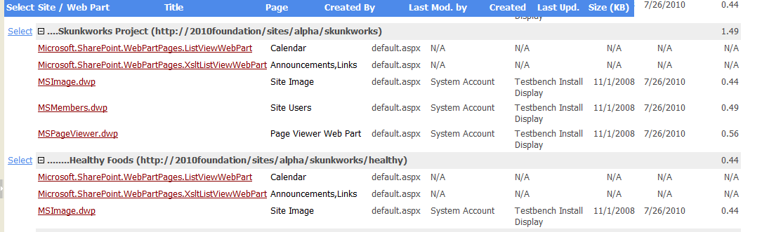 Web Parts by Site RESULTS 2