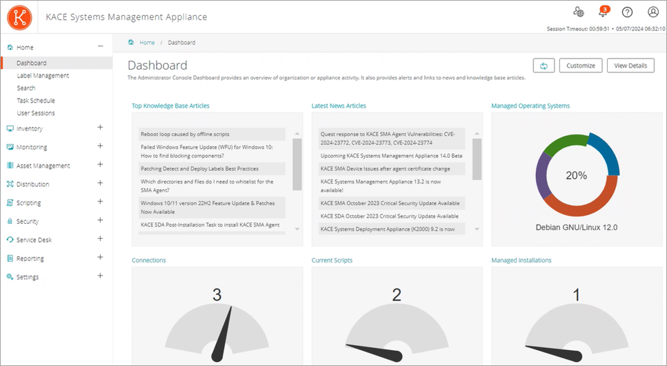 This image of the Dashboard displays Connections and Provisioning widgets, among others.