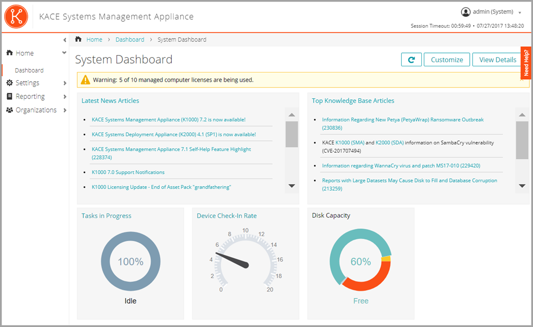 This image of the Dashboard displays Disk Capacity and Tasks in Progress widgets.
