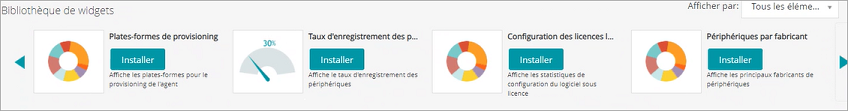 Limage de la Bibliothèque de widgets affiche quatre widgets, qui représentent la manière dont le widget peut apparaître dans la bibliothèque, avec la mention « Installé » ou accompagné dun bouton dinstallation si le widget nest pas installé.