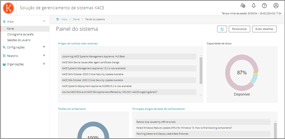 A imagem da página Resumo do sistema mostra os widgets Capacidade de disco, Tarefas em andamento e Artigos de notícias mais recentes.