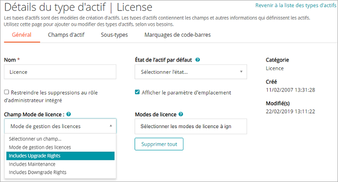 La liste déroulante Mode de Licence apparaît à gauche de la section