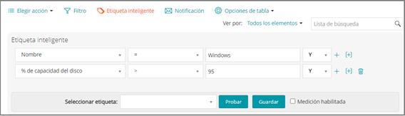 La imagen muestra el panel Etiqueta inteligente con los criterios de búsqueda ingresados.